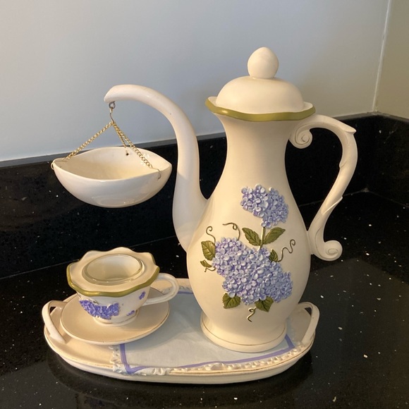 Yankee Candle Other - Yankee Candle Hydrangea Teapot Teacup Tart Warmer, Cottage Farmhouse Shabby Chic